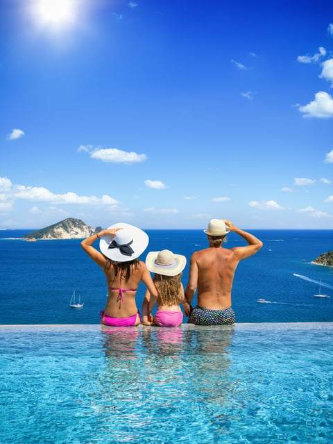 Summer travel concept with a family sitting on the edge of a swimming pool