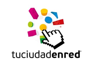 Tuciudadenred logo featuring a pixelated hand cursor surrounded by colorful geometric shapes and text