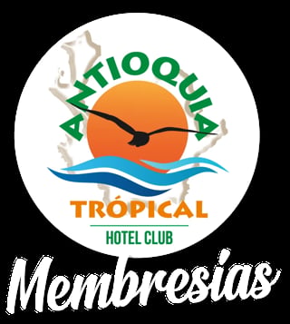 Antioquia Tropical Hotel Club Membresías logo featuring a sun with clock hands, blue waves, and green text on white circular background