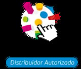 Authorized Distributor logo with colorful geometric shapes and hand cursor icon on white background with blue label