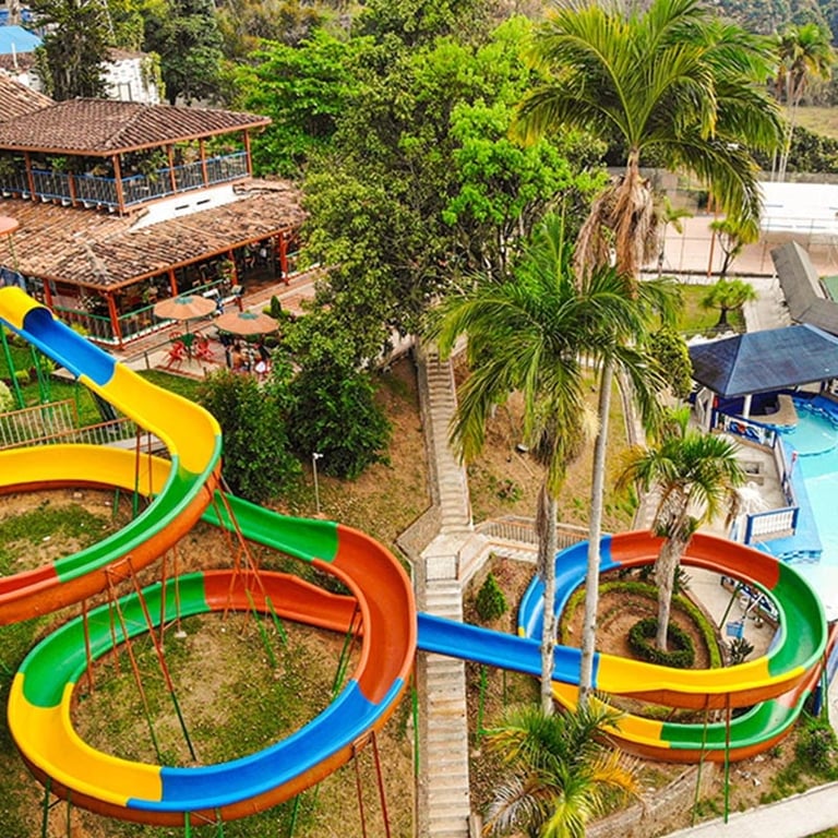 Aerial view of a colorful water park with twisting slides, palm trees, and pools surrounded by lush greenery