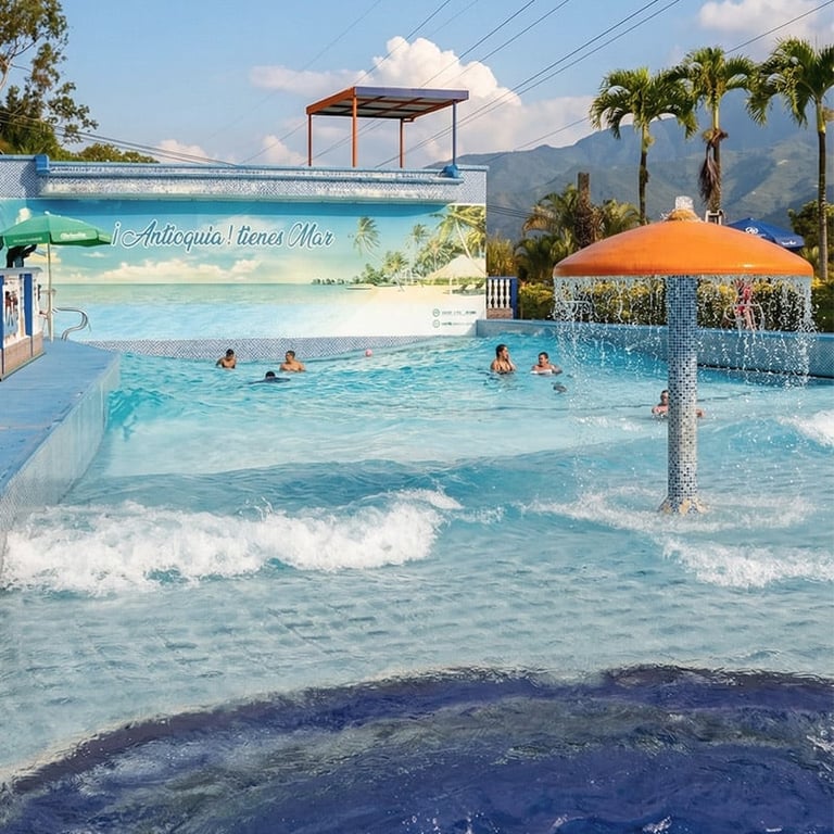 Tropical water park with wave pool, palm trees, orange umbrella, and mountains in background, visitors enjoying the turquoise water