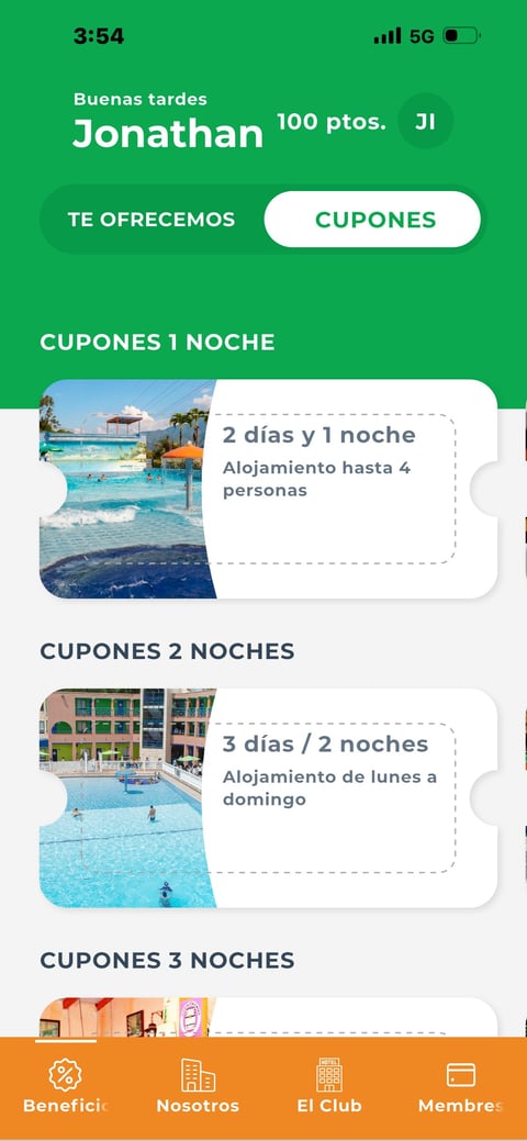 Mobile app screen showing vacation coupons for Jonathan with hotel and resort packages for 1, 2, and 3-night stays on a green background