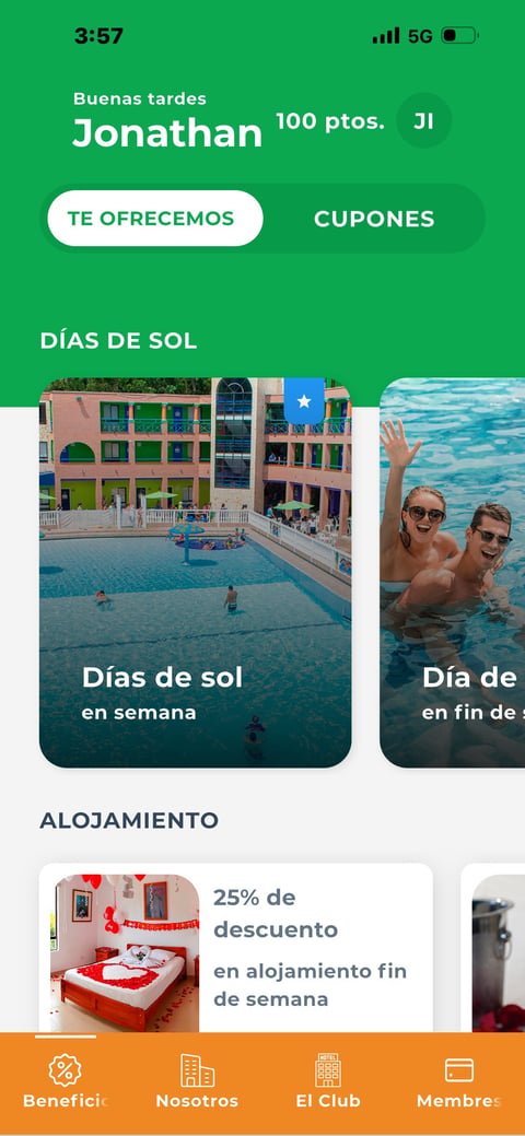Mobile app showing afternoon deals with sunny days packages, accommodation discounts, and navigation menu
