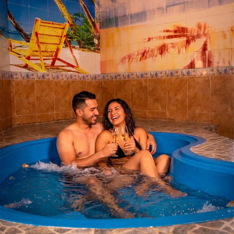 Couple relaxing in a hot tub indoors with desert-themed artwork and yellow furniture on the walls