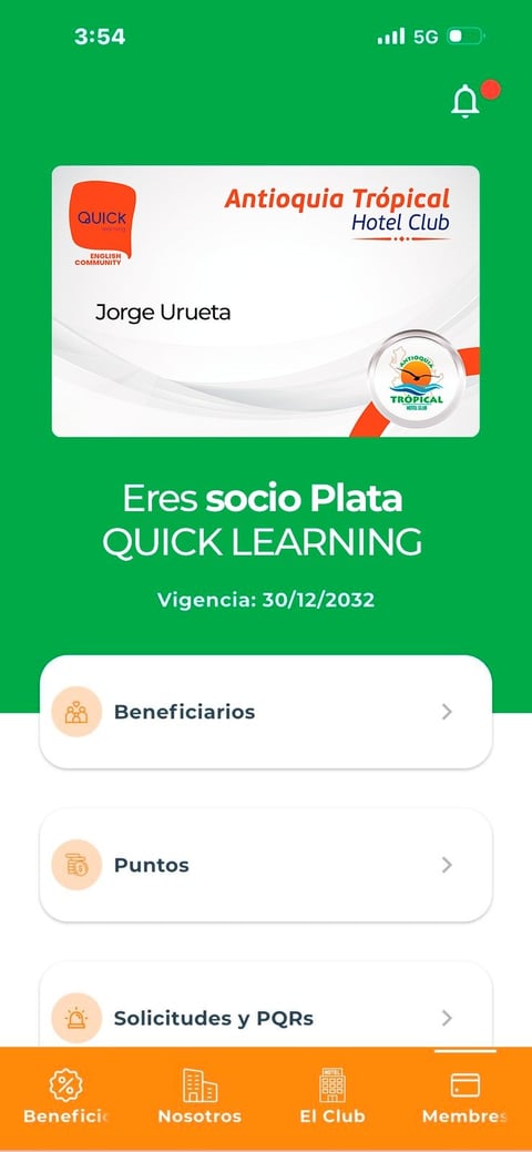 Tarjeta de membresía digital de Antioquia Tropical Club con beneficios